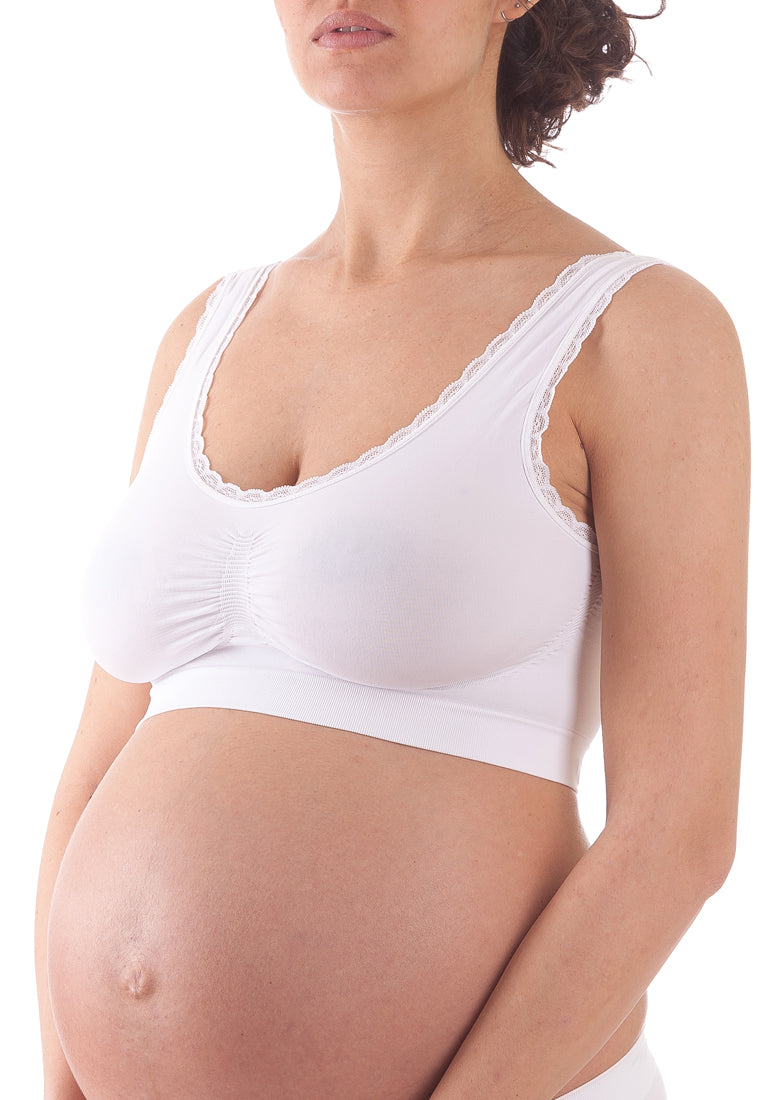 Bellissima Seamless Maternity Lace Trim Top White